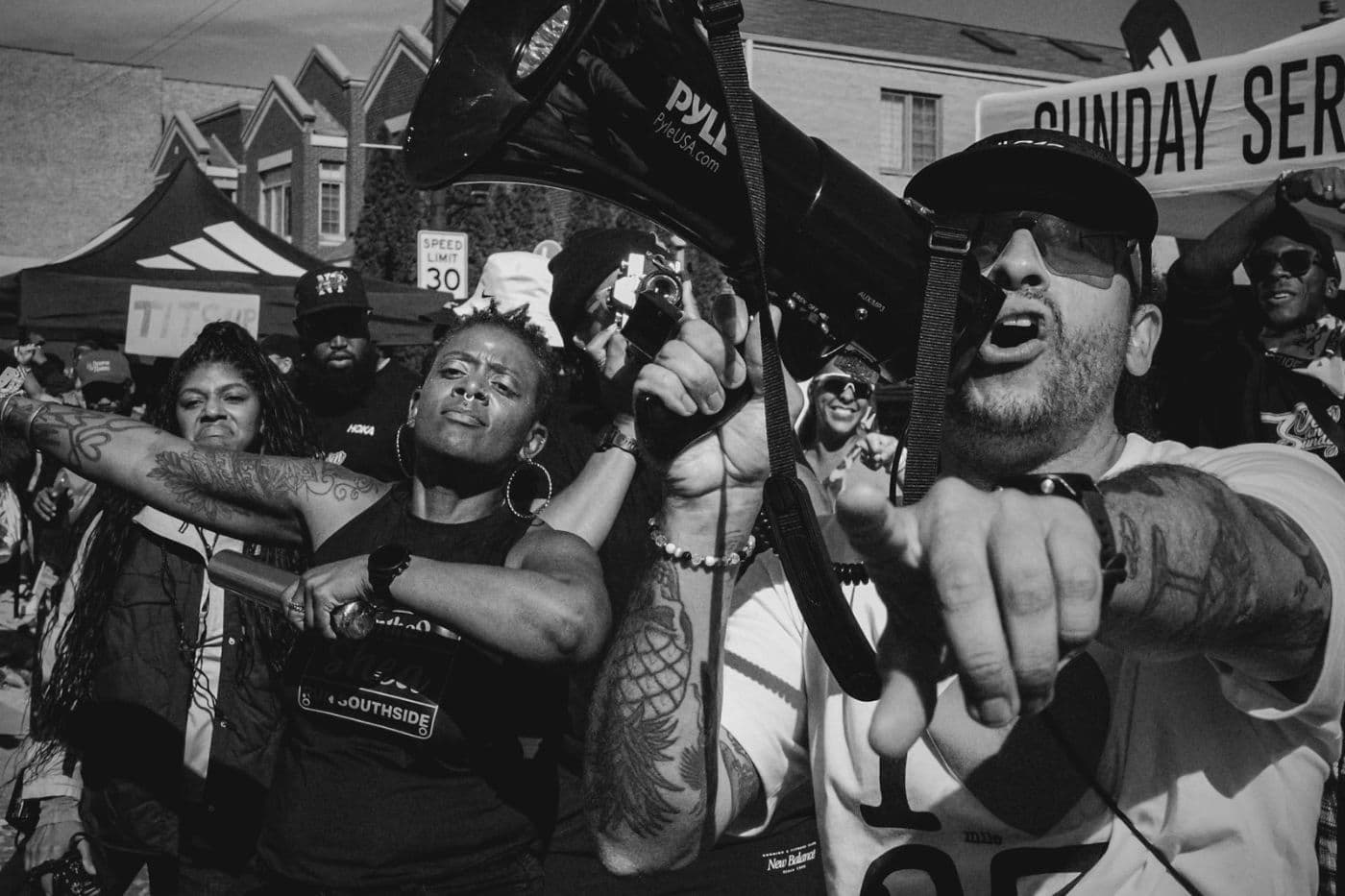Megaphone crew, black and white